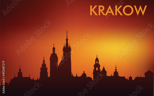 Stylized silhouette panorama of the city of Krakow (vector minimalism, warm orange-red tones of sunset/sunrise).
