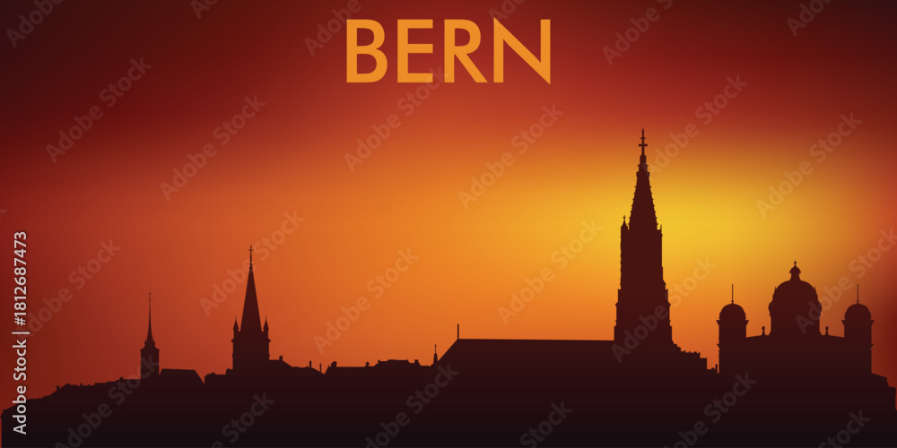 Naklejka premium Stylized silhouette panorama of the city of Bern (vector minimalism, warm orange-red tones of sunset/sunrise).