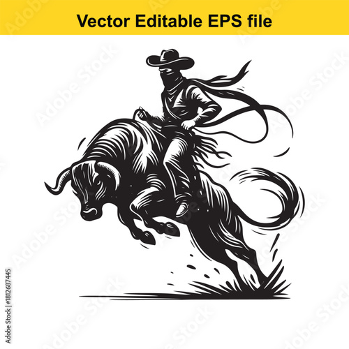 Black and white vector of cowboy riding bucking bull