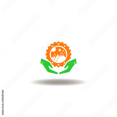 Vector illustration of hands hold seal with nature picture. Symbol of branding. Icon of brand designing creation company.