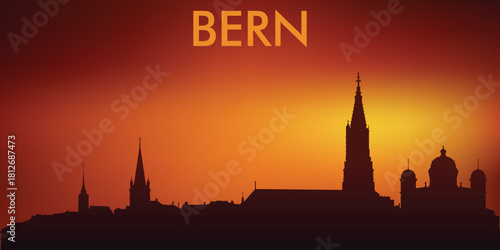 Stylized silhouette panorama of the city of Bern (vector minimalism, warm orange-red tones of sunset/sunrise).