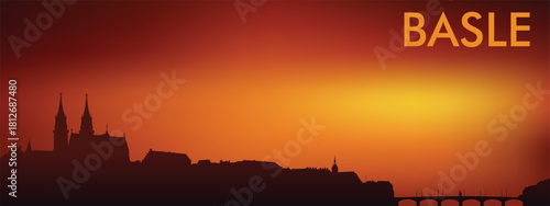 Stylized silhouette panorama of the city of Basel against the backdrop of sunset/sunrise. It has warm orange-red tones typical of graphic tourist or souvenir style.