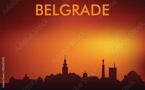 Stylized silhouette panorama of Belgrade against the backdrop of sunset/sunrise. It has warm orange-red tones typical of graphic tourist or souvenir style.