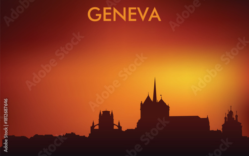 Stylized silhouette panorama of Geneva against the backdrop of sunset/sunrise. It has warm orange-red tones typical of graphic tourist or souvenir style.