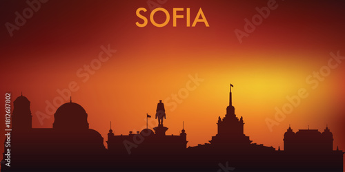 A vector stylized illustration poster in a minimalist silhouette style of Sofia's skyline, rendered in warm sunset tones.