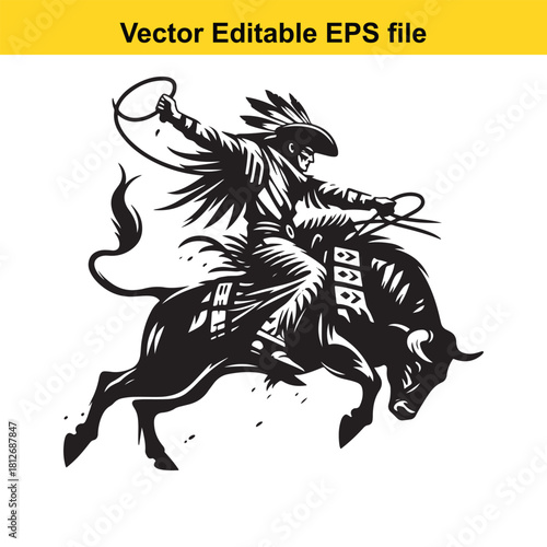Native american cowboy riding bucking bull vector