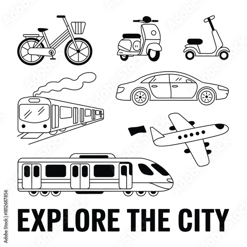 Outline vector icons set of diverse urban transportation modes for city exploration and modern mobility solutions concept.