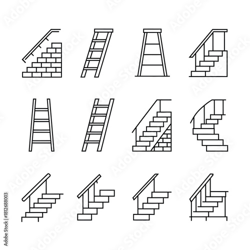 Line art collection of various ladders and staircases, symbolizing progress, ascent, and upward movement, growth