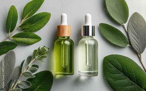 Natural Essential Oils With Leaves Arranged on a Soft Background for Wellness...