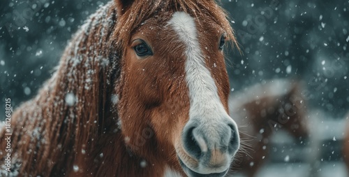 Horse Wearing a Red Hat Enjoys Snowfall in a Winter Landscape During the Holi...