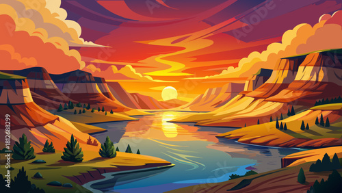 Very beautiful sunset colors glow over the Little Missouri River in Theodore Roosevelt National Park, reflecting warm light across calm waters and rugged Badlands formations, creating a peaceful North