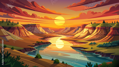 Very beautiful sunset colors glow over the Little Missouri River in Theodore Roosevelt National Park, reflecting warm light across calm waters and rugged Badlands formations, creating a peaceful North