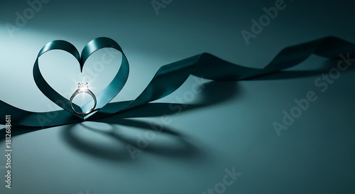 Diamond ring inside a heart shape made of ribbon on blue background