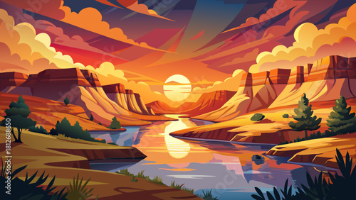 Very beautiful sunset colors glow over the Little Missouri River in Theodore Roosevelt National Park, reflecting warm light across calm waters and rugged Badlands formations, creating a peaceful North