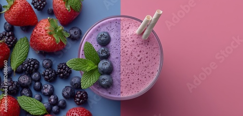 Refreshing Berry Smoothie Served With Fresh Fruits on a Vibrant Background