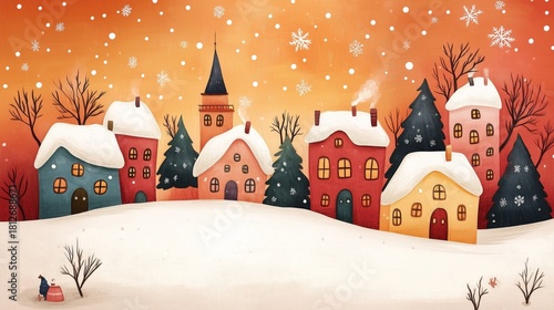 Charming Winter Village Scene With Colorful Houses and Falling Snowflakes at ...