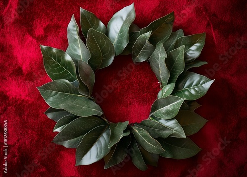 Decorative Laurel Wreath Made of Green Leaves on a Bright Red Fabric Background