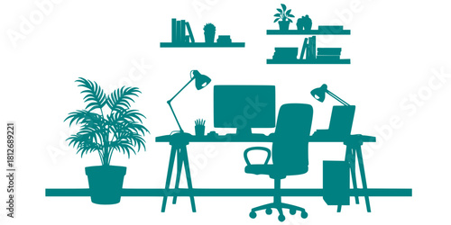 Home Office Workspace Biophilic Design Silhouette Vector