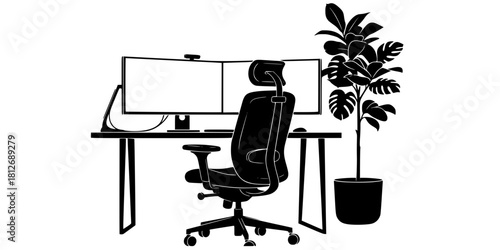Home Office Workspace Biophilic Design Silhouette Vector