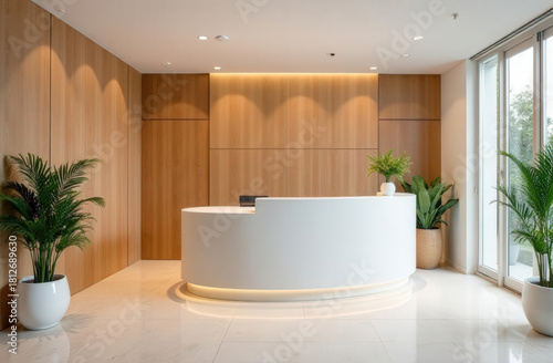 elegant reception area, airy corporate welcome space, bright lobby with natural light and stylish decor