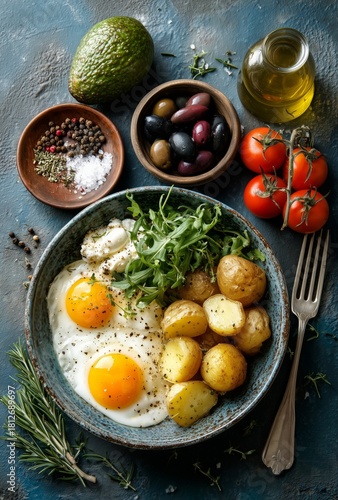 Breakfast Bowl With Fried Egg, Roasted Tomatoes and Olives Served on a Rustic...