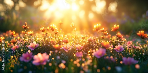 Colorful Flowers Bloom in a Sunny Meadow During the Golden Hour of Late After...