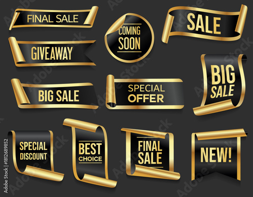 New collection and big sale banners, Best choice, special offer, order now, Final Sale. Red ribbons, tags and stickers isolated on black background