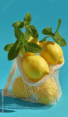 Fresh Lemons and Mint Leaves in a Mesh Bag on a Bright Blue Background