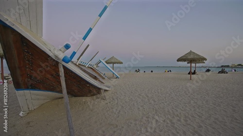 Al Wakrah, Qatar- November 21 2025: Al Wakrah beach near Al Wakrah Old Souq is a popular, family-friendly coastal area south of Doha, known for its shallow, calm waters and soft sand