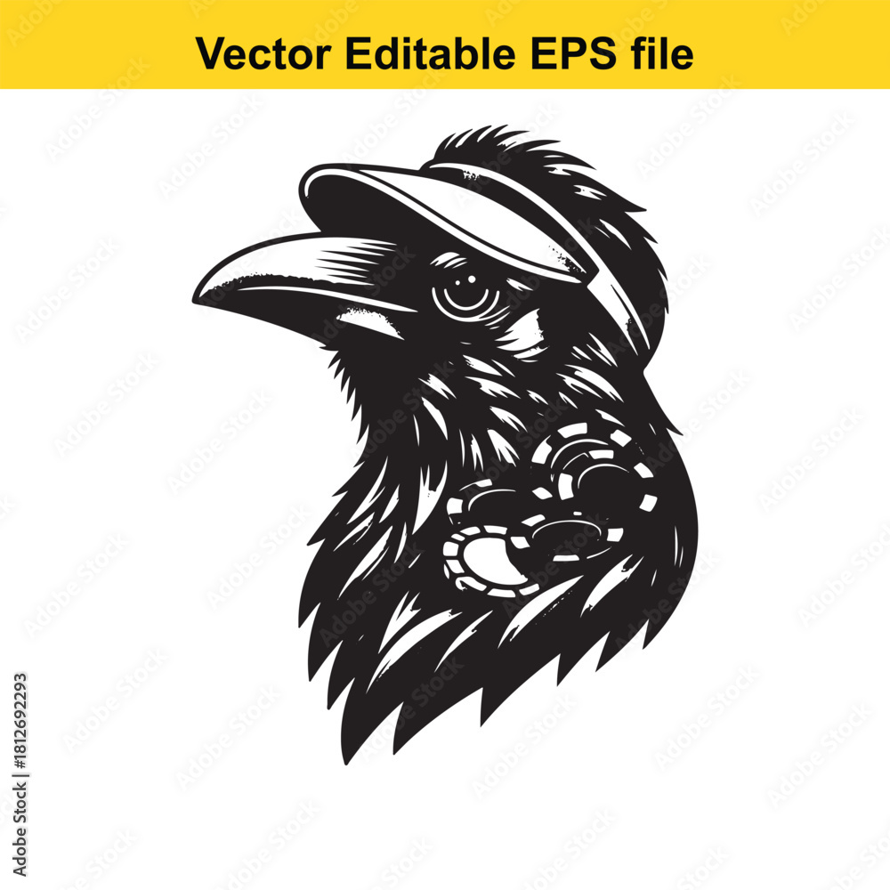 Naklejka premium Black raven head wearing cap with casino chip detail