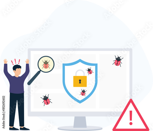 Cybersecurity concept with virus detection and data protection. Man panics at malware attack and system error. Computer security threat requires bug fixing and software testing with security alert.