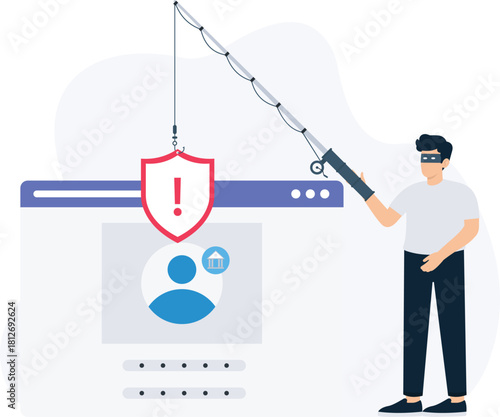 Phishing attack cyber security concept with data theft and online fraud. Hacker activity showing internet crime, password stealing, account hacking, financial scam, identity theft and security breach.