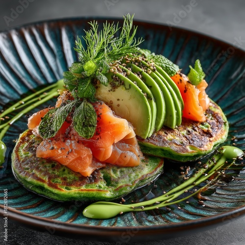 Delicious Stack of Savory Pancakes With Avocado and Smoked Salmon Served on a...