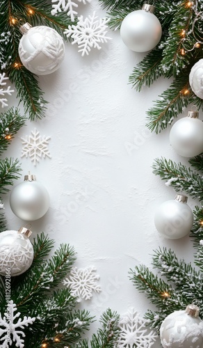 Elegant White and Silver Christmas Decorations With Snowflakes and Greenery o...