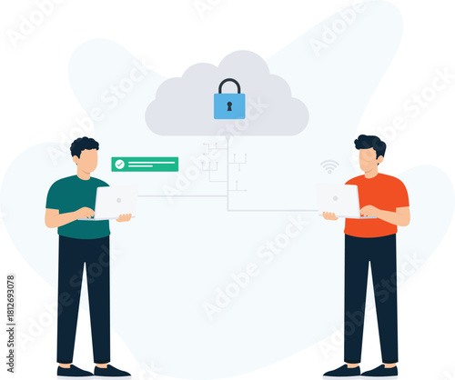 Cloud Computing Data Security Secure Network Online Storage File Sharing Data Transfer Cybersecurity Concept Information Technology Two Men Working Online