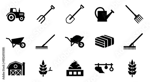 Versatile Collection of Farm and Agriculture Vector Icons Representing Essential Tools, Equipment, and Elements for Rural Farming Activities