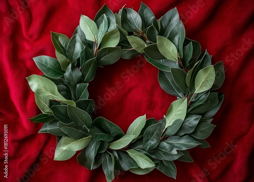 Fresh Bay Leaf Wreath on Red Background for Holiday Decoration and Festive Oc...