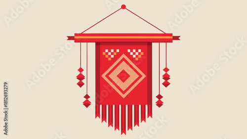 Decorative red ethnic banner with geometric patterns and tassels, hanging with red strings, isolated isolated on white background, Vector, illustration
