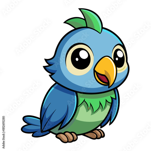 Cute cartoon blue bird with yellow beak and green accents, isolated on white, perfect for children's content and design. isolated on white background, Vector, illustration