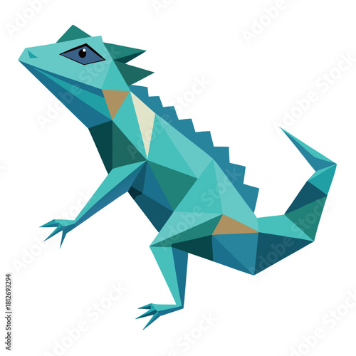 Teal low poly iguana reptile standing isolated on white background, geometric style isolated on white background, Vector, illustration