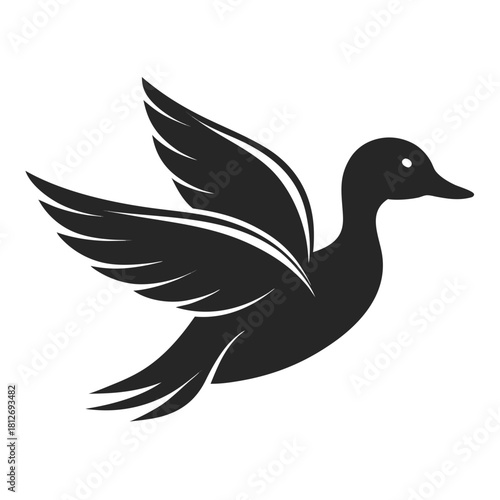 Silhouette of a duck in flight with wings spread wide, isolated on a plain background, symbolizing freedom and nature isolated on white background, Vector, illustration