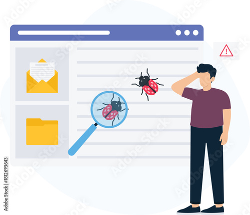 Software bug detection with man finding computer virus. Cybersecurity threat analysis showing system error. Data protection problem with malware scan and technical support.