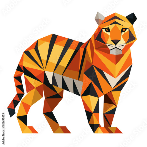 Geometric origami tiger illustration, flat design, low poly art style, abstract animal graphic, orange and black stripes, modern icon isolated on white background, Vector, illustration