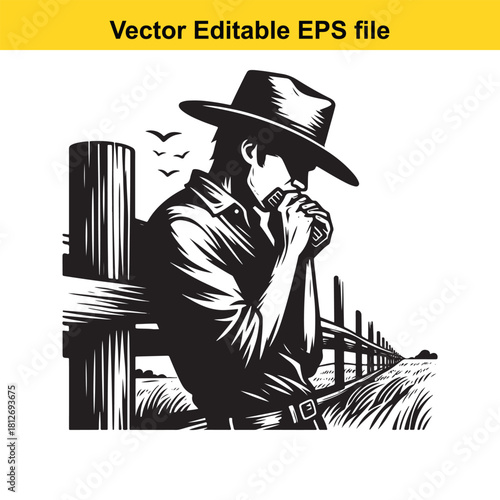 Cowboy playing harmonica leaning on wooden fence