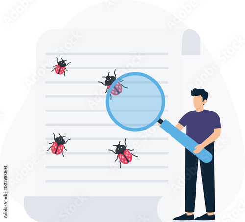 Software developer debugging code finding errors with magnifying glass. Quality assurance testing concept for bug fixing. Man inspecting document for cybersecurity threats and system analysis.