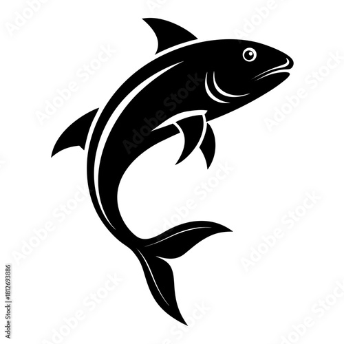 Stylized black silhouette of a leaping fish in a dynamic pose, isolated on a clean white background, evoking movement and freedom. isolated on white background, Vector, illustration