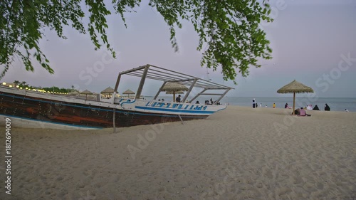 Al Wakrah, Qatar- November 21 2025: Al Wakrah beach near Al Wakrah Old Souq is a popular, family-friendly coastal area south of Doha, known for its shallow, calm waters and soft sand