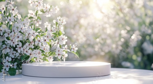 Beautiful White Flowers Bloom in Sunlight Near a Round Display Stand Outdoors