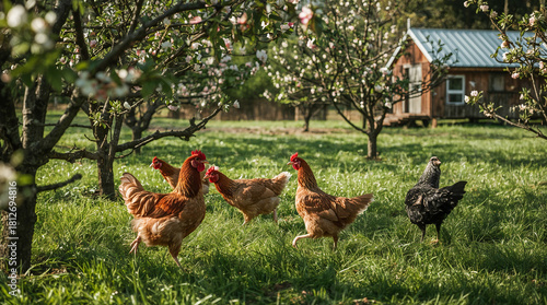 Chickens roam freely in a sun-dappled orchard with a rustic wooden cabin in the background. Blooming trees add a touch of spring.