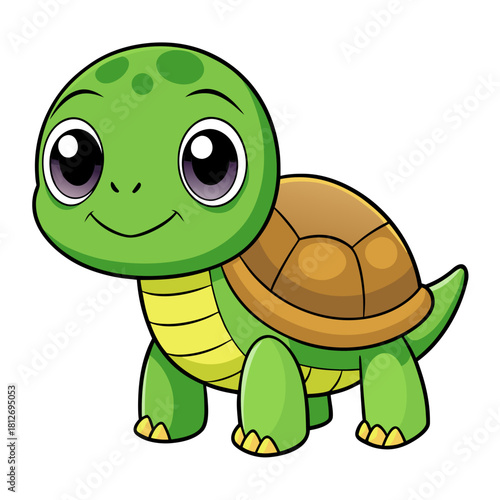 Cute cartoon green turtle with a brown shell, smiling, isolated on a white background, digital art illustration. isolated on white background, Vector, illustration